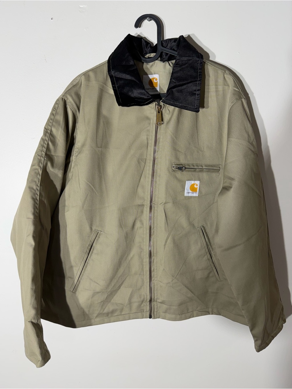 Reworked Carhartt Olive/Tan Lightweight Zip-Front Work Jacket with Black Collar